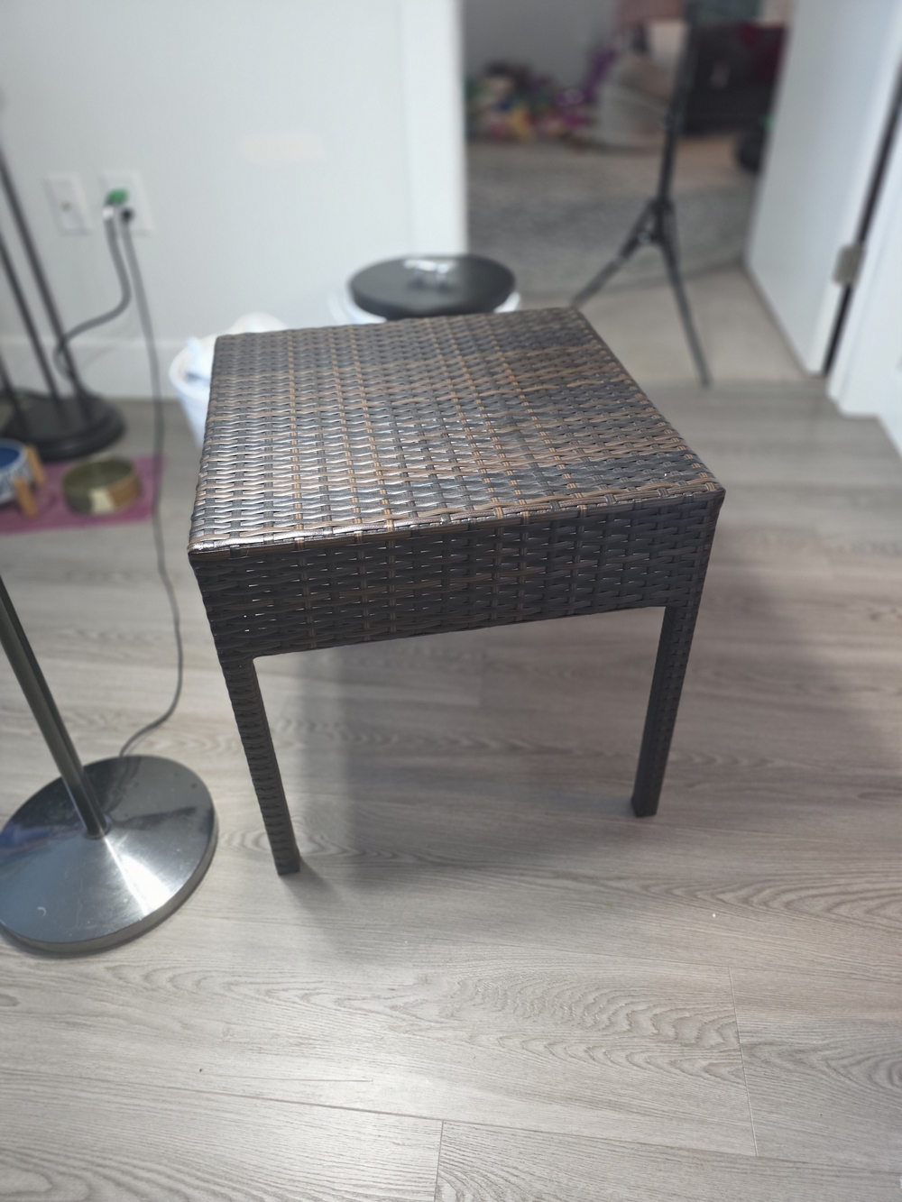 Wicker side table, outdoor accent table with metal frame